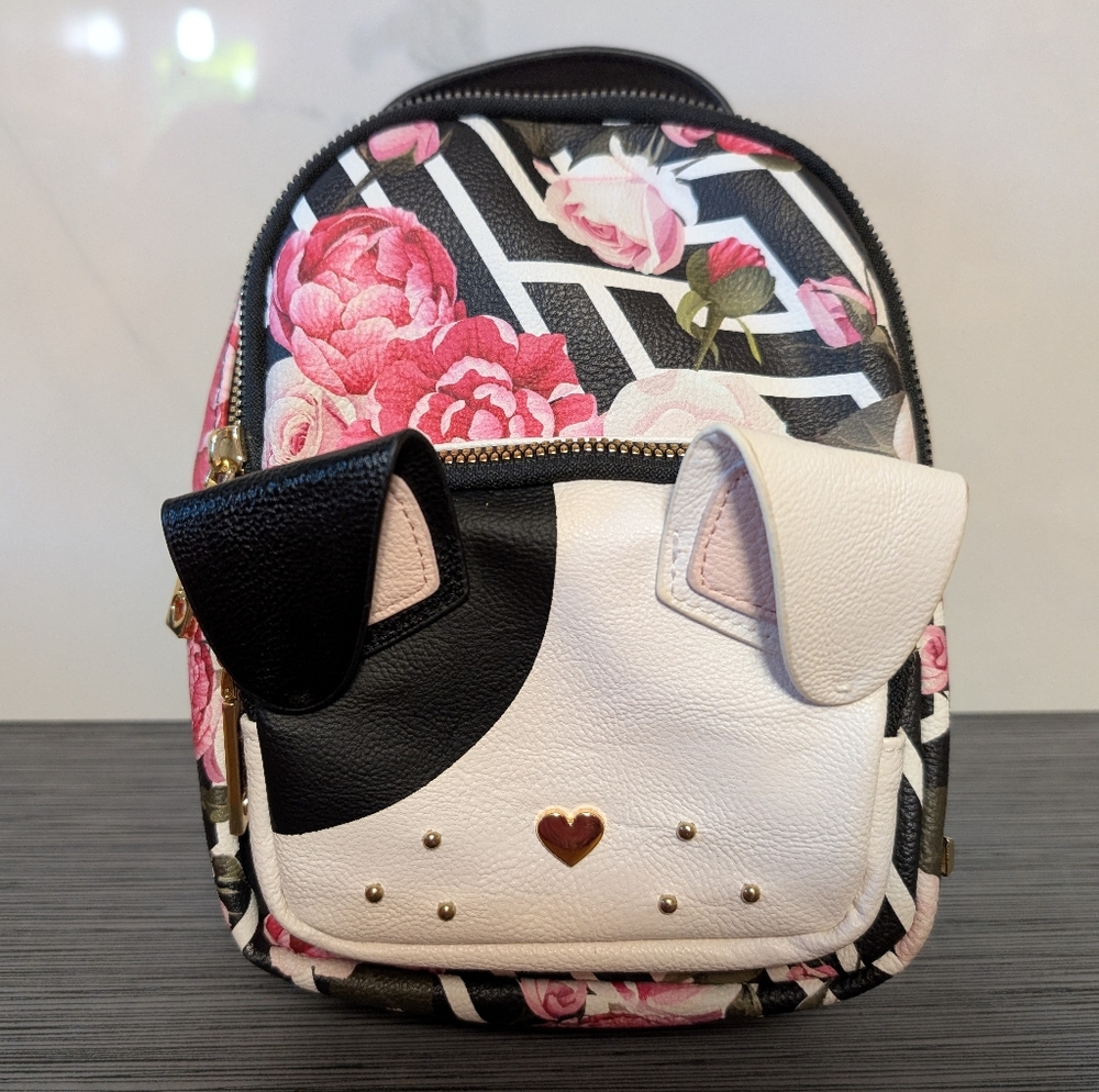 Betsey Johnson Mini Puppy Backpack Floral Rose Print Dog Face Faux Leather Purse